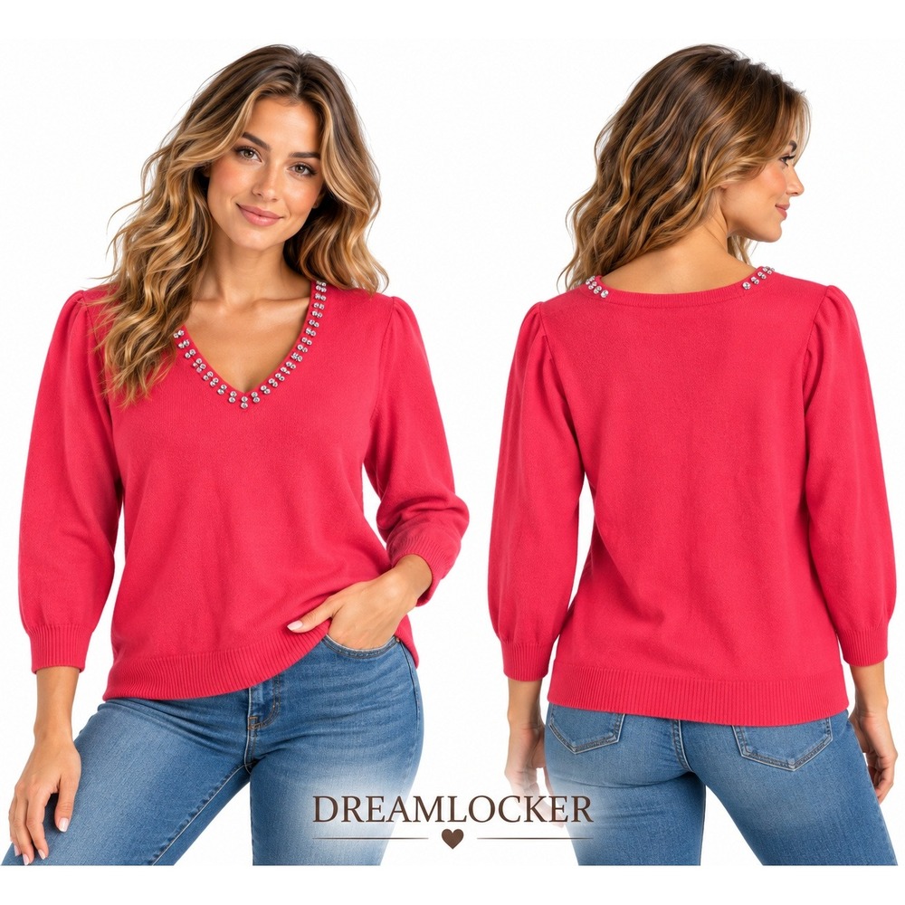 LIV Milano Sweater Womens Small Red Rhinestone V Neck 3/4 Sleeve Embellished